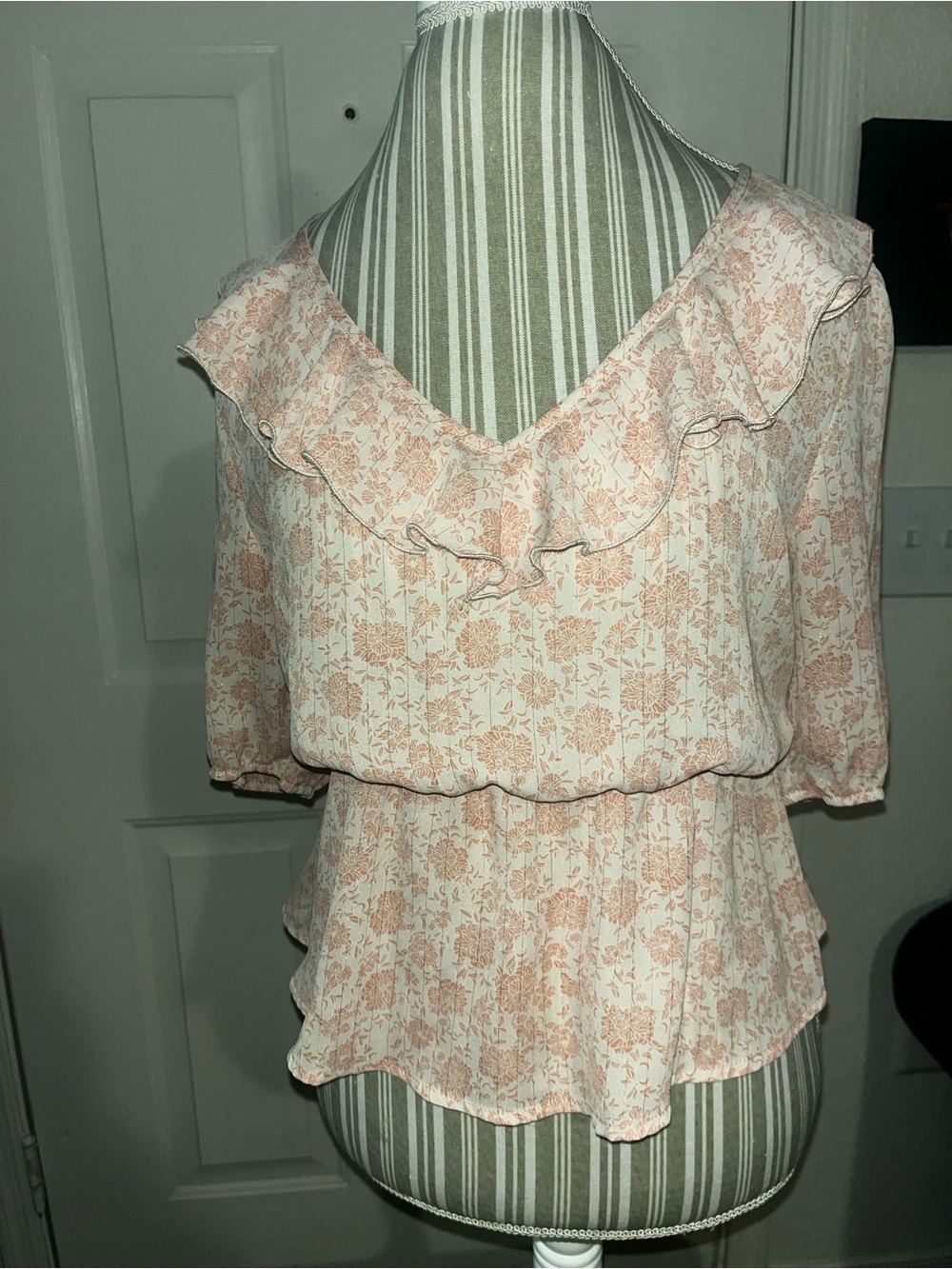 Alice Blue Cream Blouse with Peach Floral Ruffle